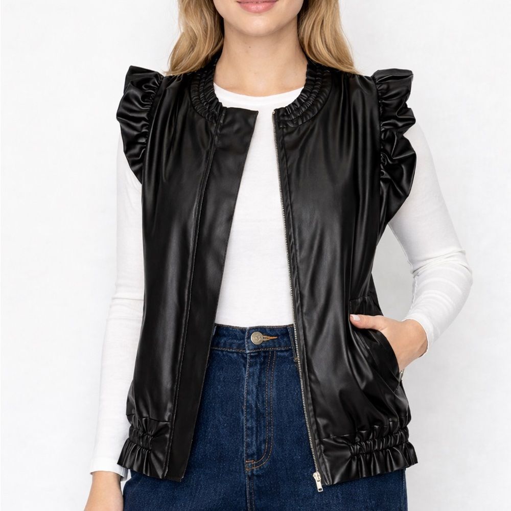 Joh Apparel Jaide Faux Leather Ruffle Vest Black Sleeveless Zip Front Size Large